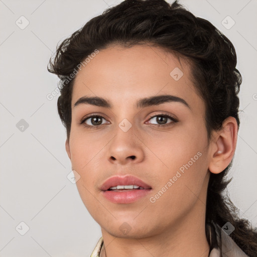 Neutral white young-adult female with short  brown hair and brown eyes