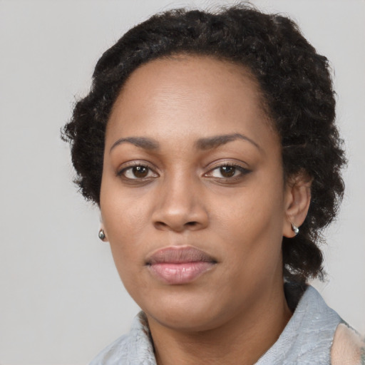Neutral black young-adult female with short  black hair and brown eyes
