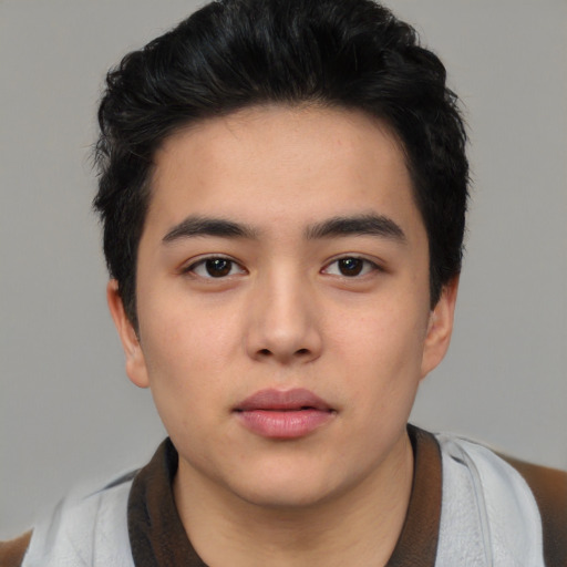 Neutral asian young-adult male with short  black hair and brown eyes