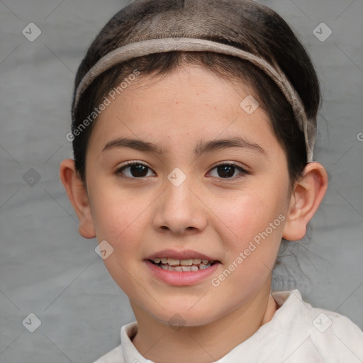 Joyful white child female with short  brown hair and brown eyes