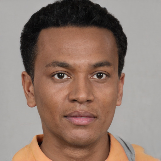 Neutral black young-adult male with short  brown hair and brown eyes