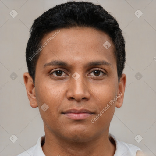 Neutral white young-adult male with short  brown hair and brown eyes