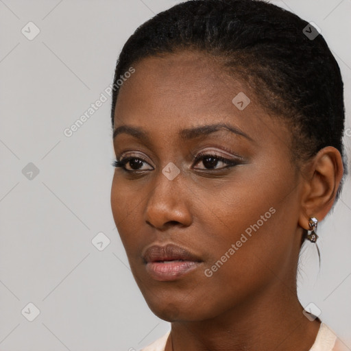 Neutral black young-adult female with short  brown hair and brown eyes