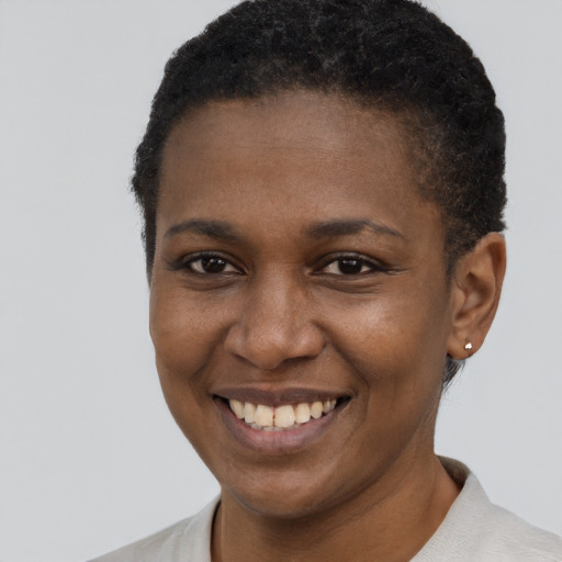 Joyful black young-adult female with short  brown hair and brown eyes