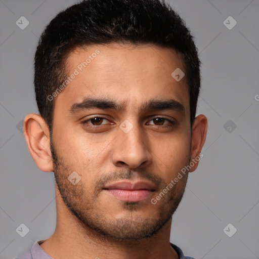 Neutral white young-adult male with short  brown hair and brown eyes