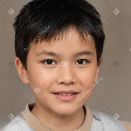 Joyful white child male with short  brown hair and brown eyes