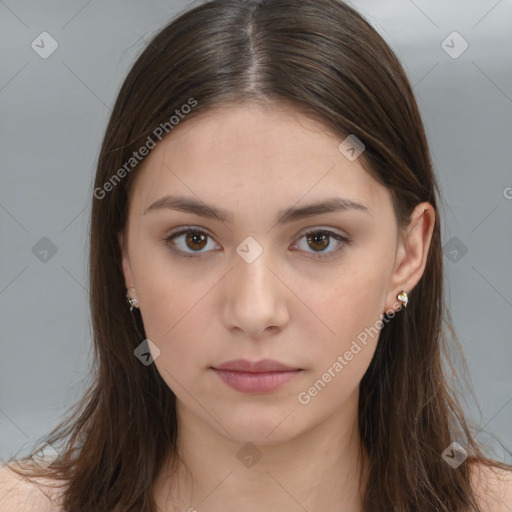 Neutral white young-adult female with long  brown hair and brown eyes