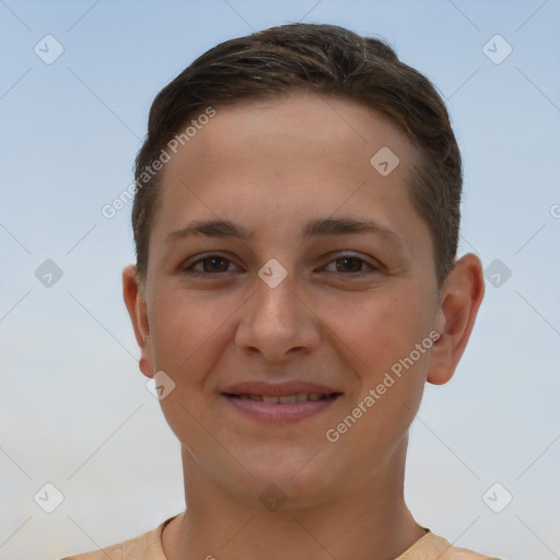 Joyful white young-adult female with short  brown hair and brown eyes