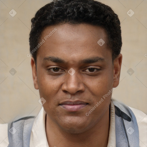 Joyful black young-adult male with short  brown hair and brown eyes
