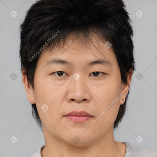 Neutral asian young-adult male with short  brown hair and brown eyes