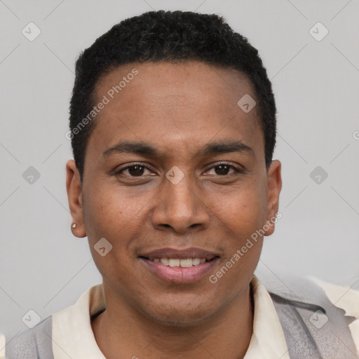 Joyful black young-adult male with short  black hair and brown eyes