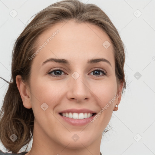 Joyful white young-adult female with long  brown hair and grey eyes