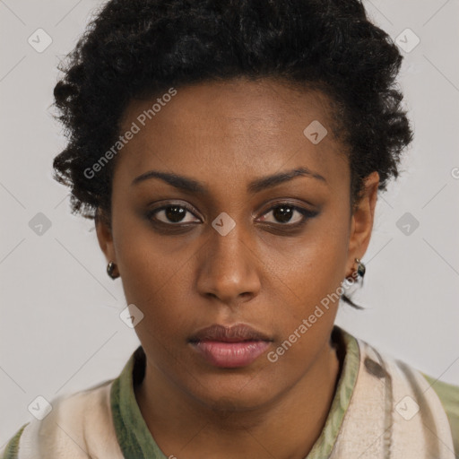 Neutral black young-adult female with short  brown hair and brown eyes