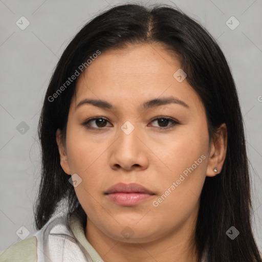 Neutral asian young-adult female with long  brown hair and brown eyes