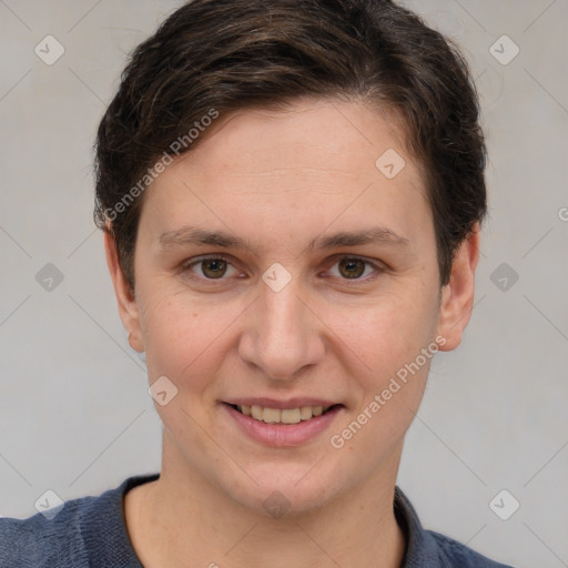 Joyful white young-adult female with short  brown hair and grey eyes