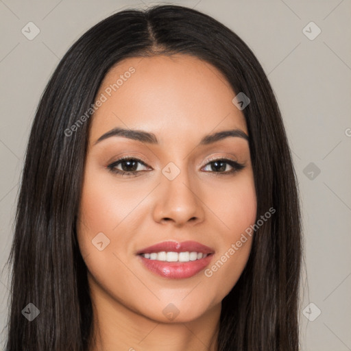 Joyful white young-adult female with long  black hair and brown eyes