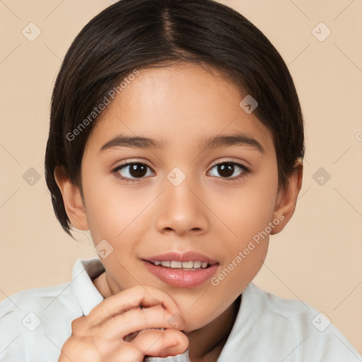 Joyful white child female with short  brown hair and brown eyes