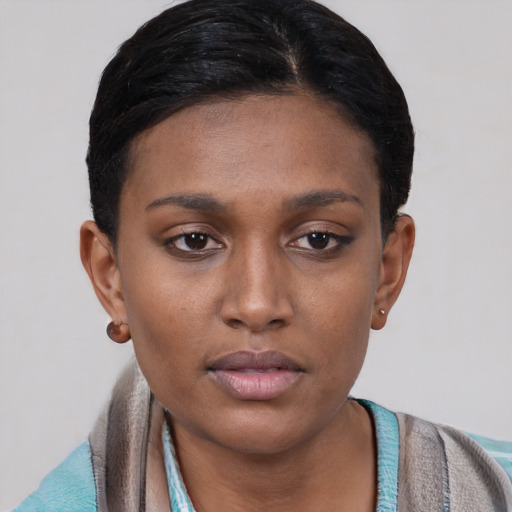 Neutral black young-adult female with short  brown hair and brown eyes