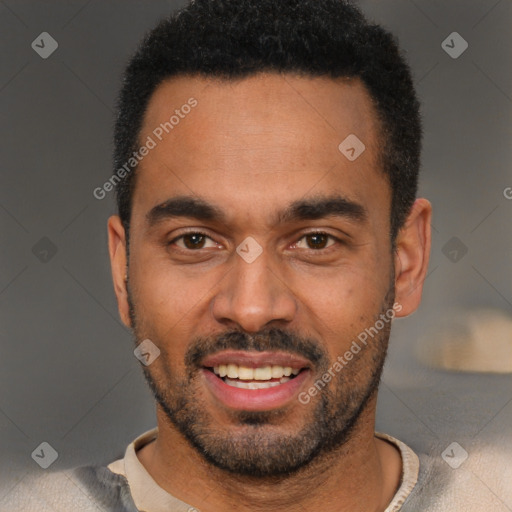 Joyful black young-adult male with short  black hair and brown eyes