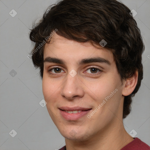 Joyful white young-adult male with medium  brown hair and brown eyes