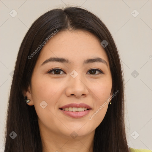 Joyful white young-adult female with long  brown hair and brown eyes