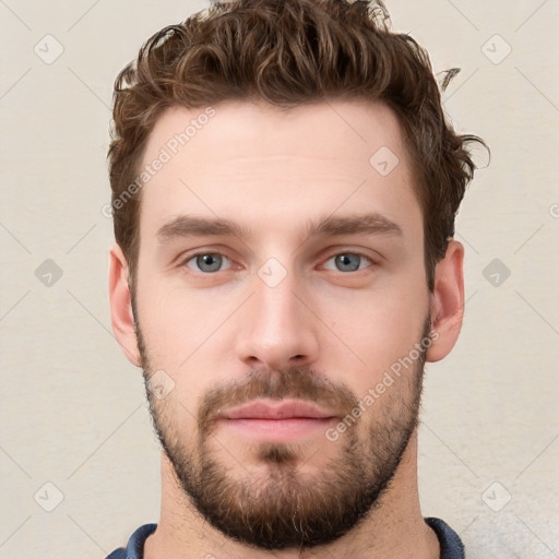 Neutral white young-adult male with short  brown hair and grey eyes