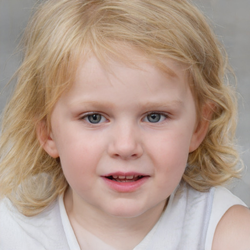 Joyful white child female with medium  brown hair and blue eyes