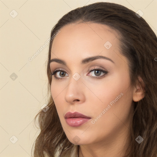 Neutral white young-adult female with long  brown hair and brown eyes