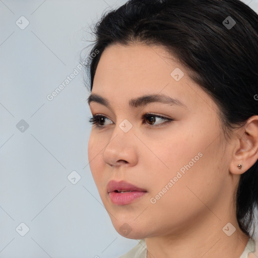 Neutral white young-adult female with medium  brown hair and brown eyes