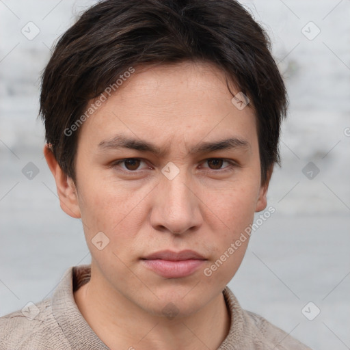 Neutral white young-adult male with short  brown hair and grey eyes