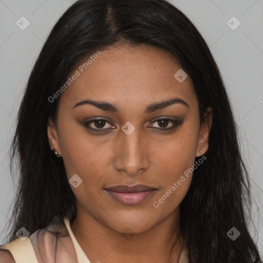 Joyful latino young-adult female with long  brown hair and brown eyes