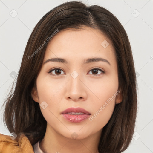 Neutral white young-adult female with medium  brown hair and brown eyes