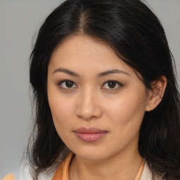 Neutral asian young-adult female with medium  brown hair and brown eyes