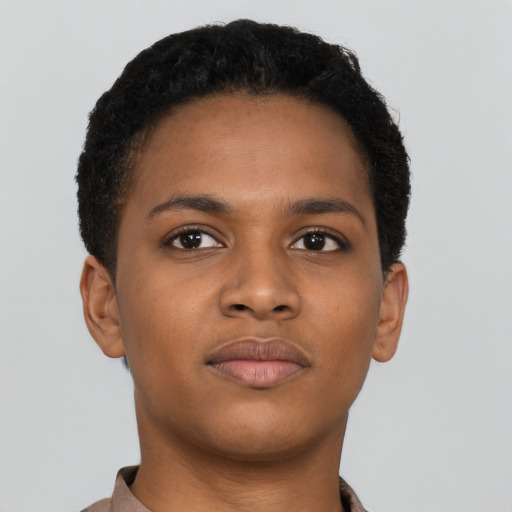 Neutral black young-adult female with short  brown hair and brown eyes
