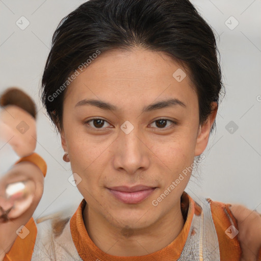 Joyful white young-adult female with medium  brown hair and brown eyes