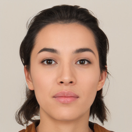 Neutral asian young-adult female with medium  black hair and brown eyes