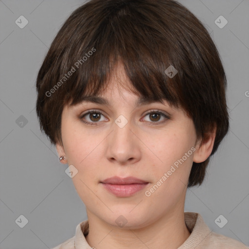 Neutral white young-adult female with medium  brown hair and brown eyes