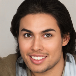 Joyful white young-adult male with medium  brown hair and brown eyes