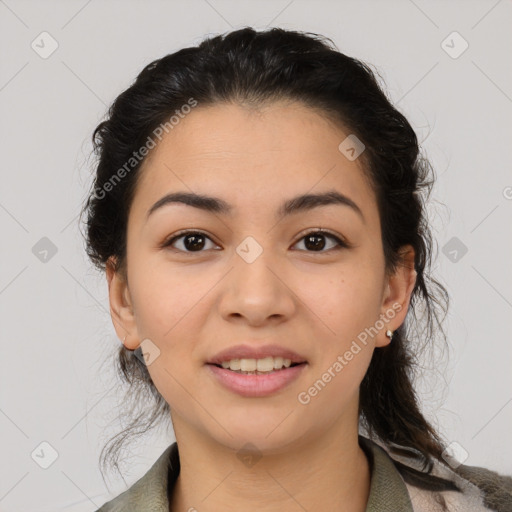 Joyful latino young-adult female with medium  brown hair and brown eyes