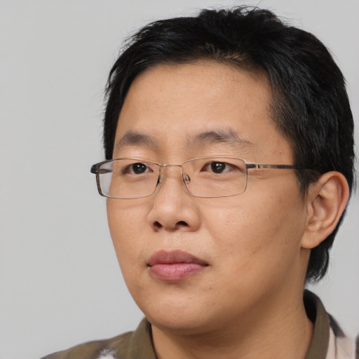 Neutral asian adult male with short  brown hair and brown eyes