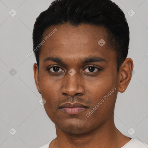 Neutral black young-adult male with short  black hair and brown eyes