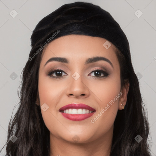 Joyful white young-adult female with long  black hair and brown eyes