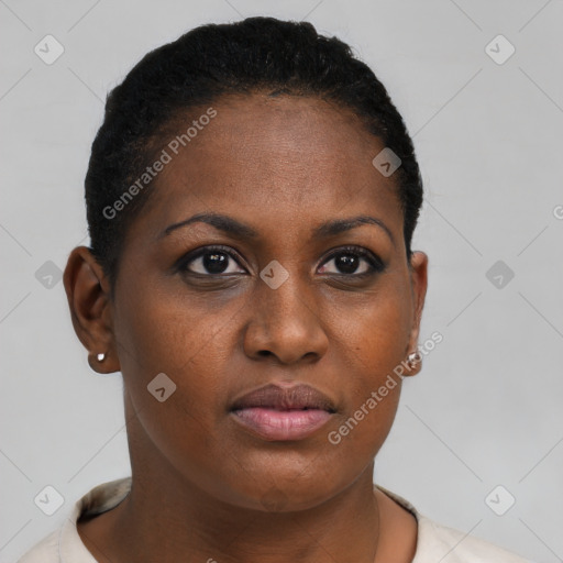 Neutral black young-adult female with short  brown hair and brown eyes
