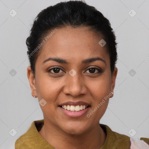 Joyful latino young-adult female with short  brown hair and brown eyes