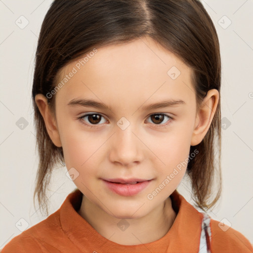 Joyful white child female with medium  brown hair and brown eyes