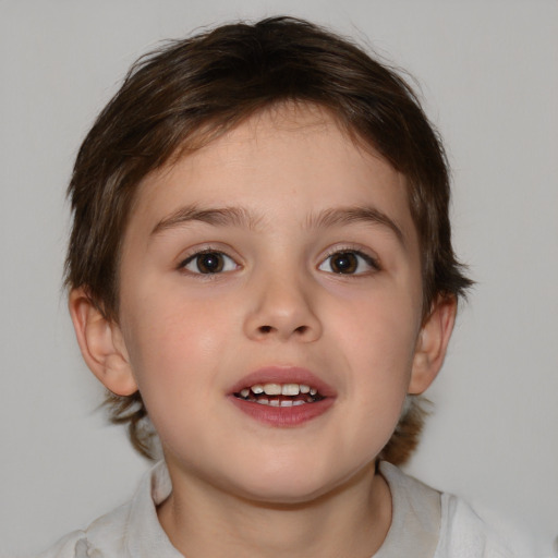 Joyful white child female with medium  brown hair and brown eyes