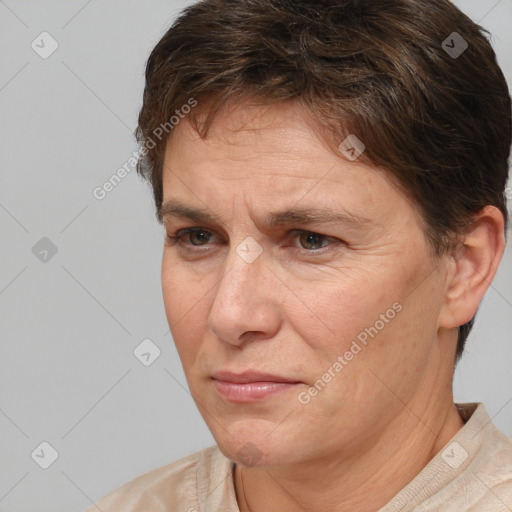 Neutral white adult female with short  brown hair and brown eyes