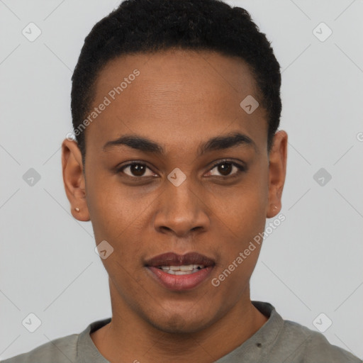 Joyful black young-adult male with short  black hair and brown eyes