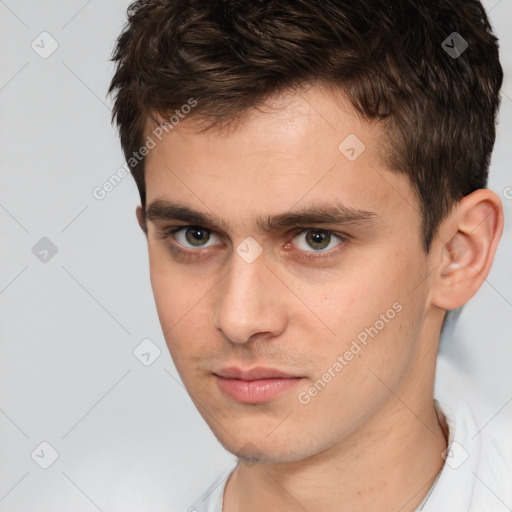 Neutral white young-adult male with short  brown hair and brown eyes