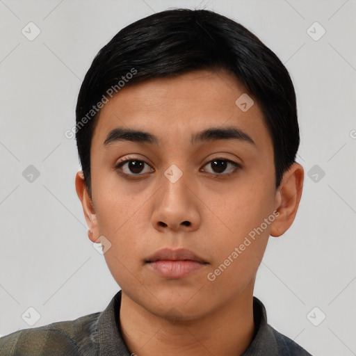 Neutral asian young-adult male with short  black hair and brown eyes